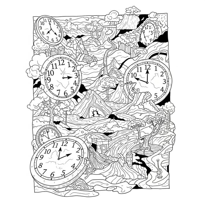 Warped Time & Place: Surreal Nature Scene with Fragmented Clocks Warped Time & Place: Surreal Nature Scene with Fragmented Clocks