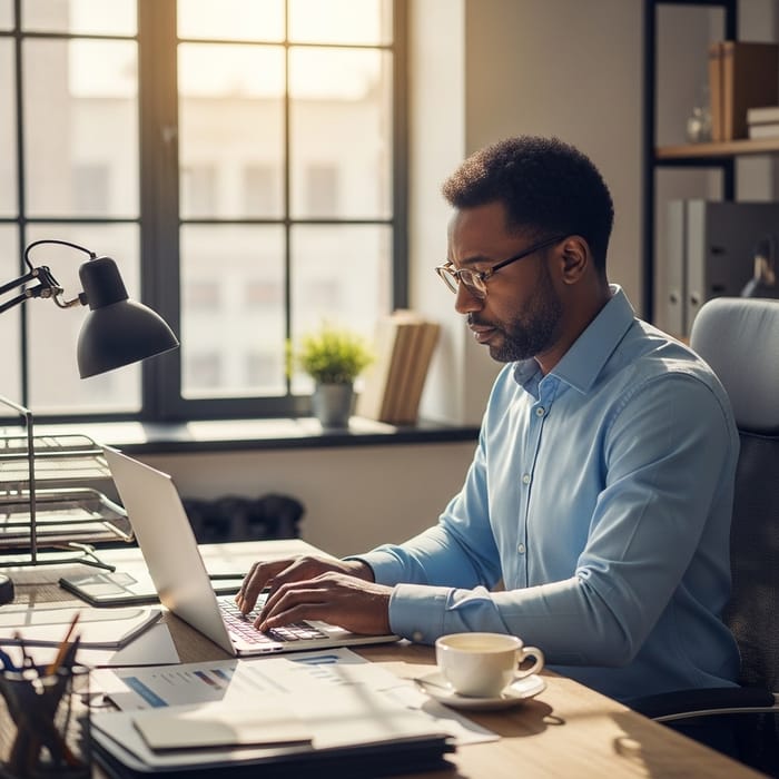 Experienced Afro-American Manager Working in Modern Office
