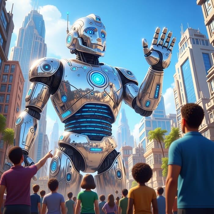 Massive Futuristic Friendly Robot in Colorful Cityscape