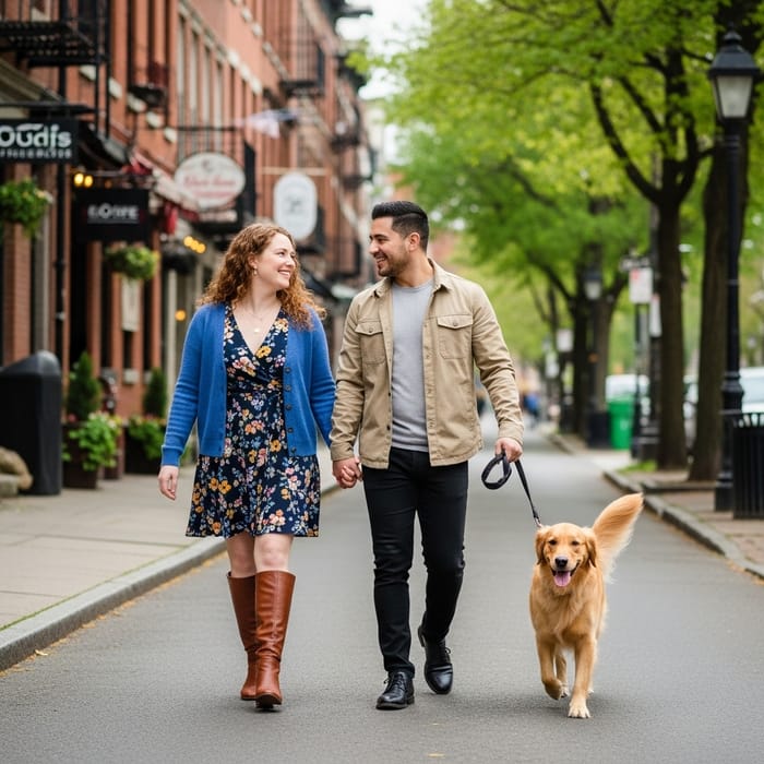 Couple Walking Dog in City Street Couple Walking Dog in City Street