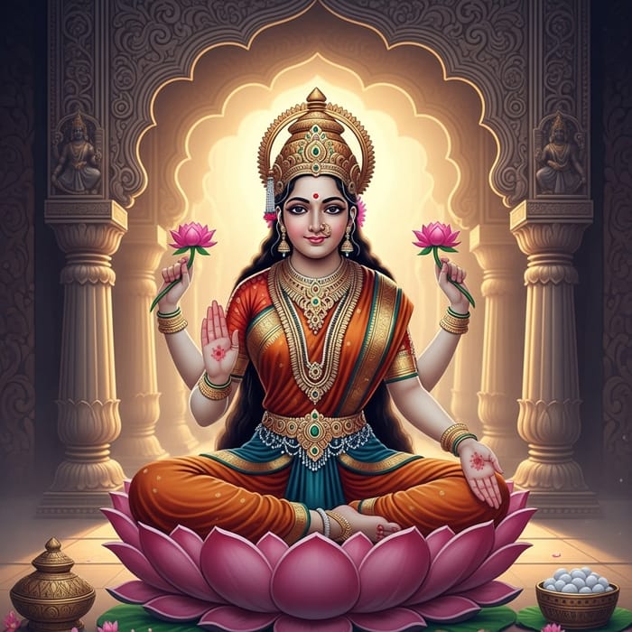Serene Lotus Seated Goddess Lakshmi: Majestic Depiction