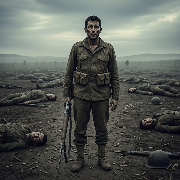 Grim Battlefield with Tired Hispanic Man Grim Battlefield with Tired Hispanic Man