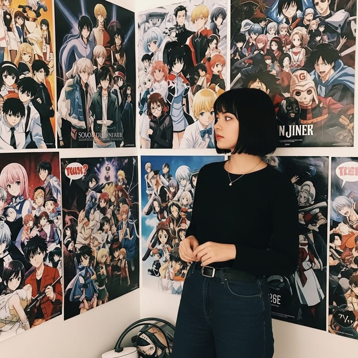 Young Woman with Short Black Hair in Anime Poster Room