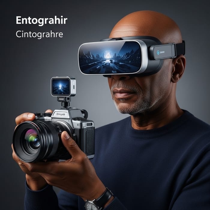 Captivating Image of Aged Black Photographer with Futuristic Camera and VR Goggles Captivating Image of Aged Black Photographer with Futuristic Camera and VR Goggles