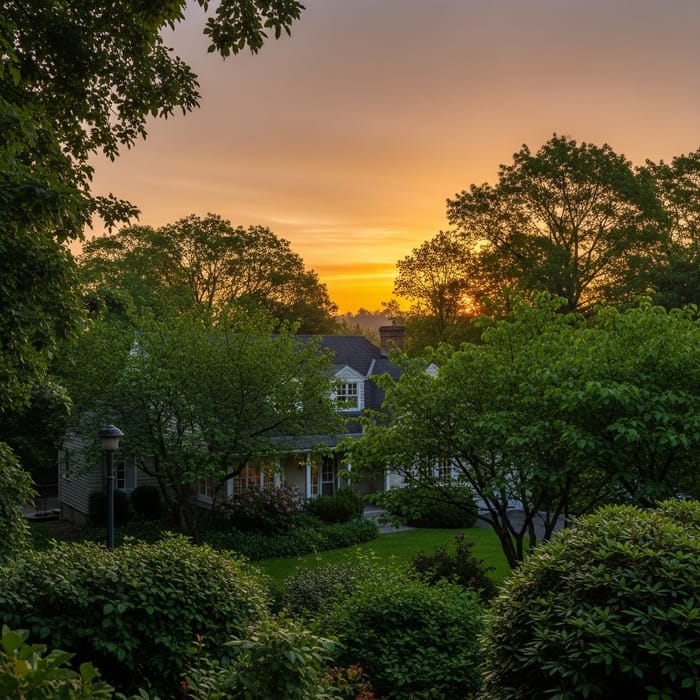 Beautiful House Surrounded by Greenery at Sunrise Beautiful House Surrounded by Greenery at Sunrise