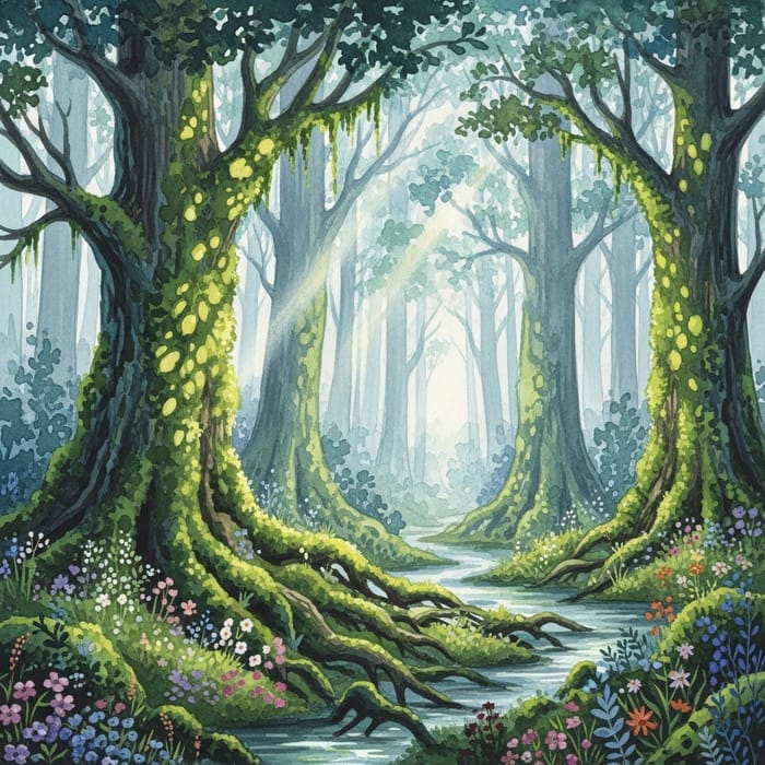 Enchanting Elven Forest Watercolor Scene