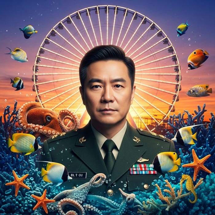 Asian Male Director, 40, in Military Uniform with Marine Life and Ferris Wheel Asian Male Director, 40, in Military Uniform with Marine Life and Ferris Wheel