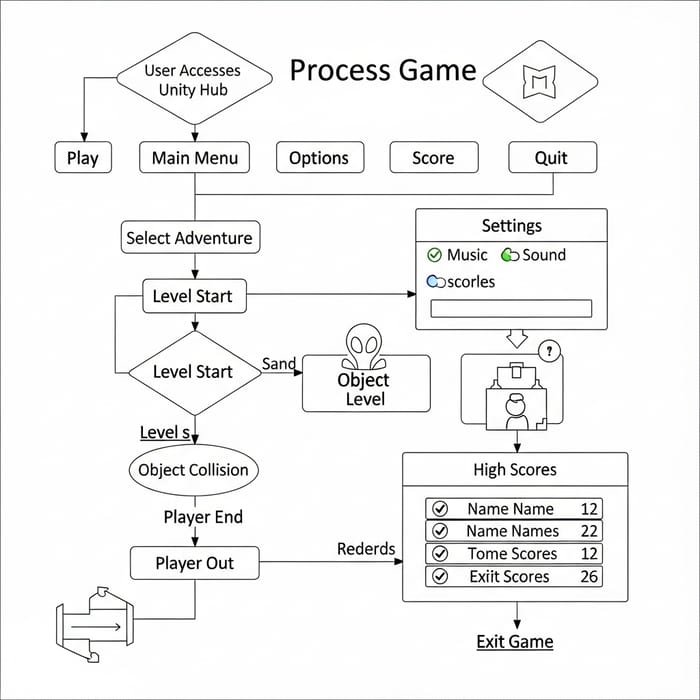 Game Development Process Flow Diagram | Unity Hub, Main Menu, Adventures & More