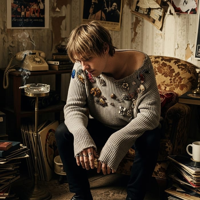 Kurt Cobain in Rustic Brooch Stretched Sweater | Art House Style