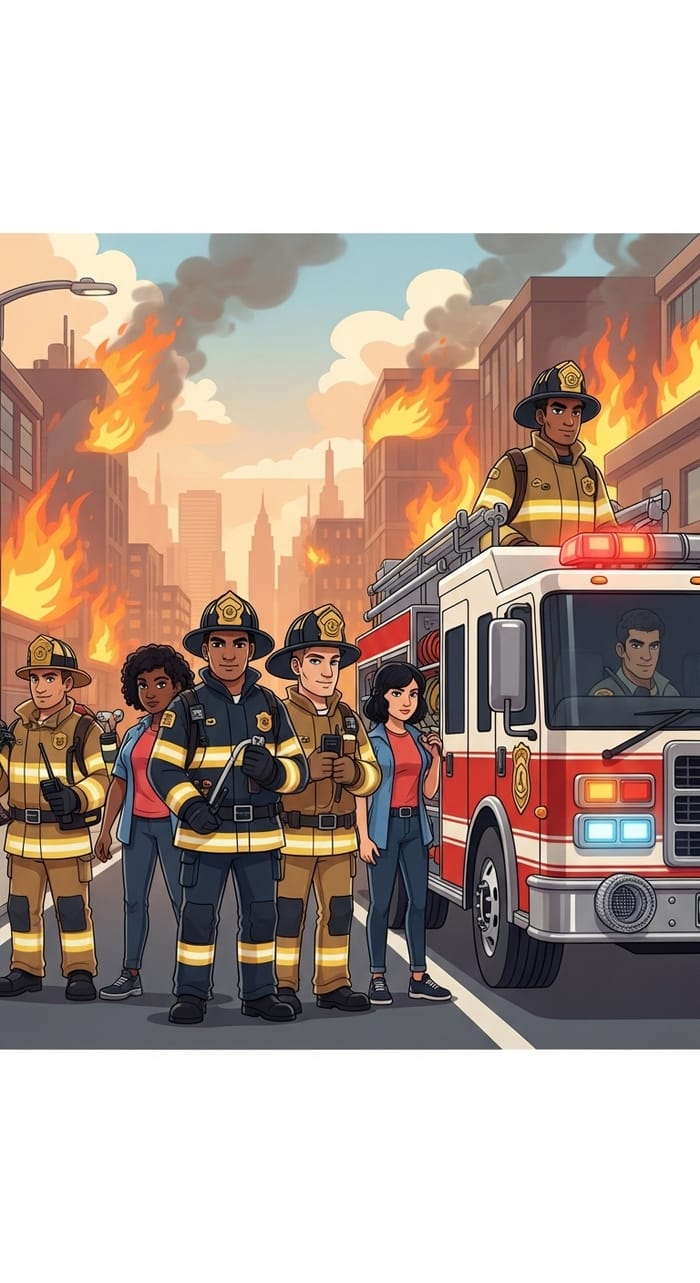 Brave Firefighters Battle Blaze in City Scene Animation Brave Firefighters Battle Blaze in City Scene Animation