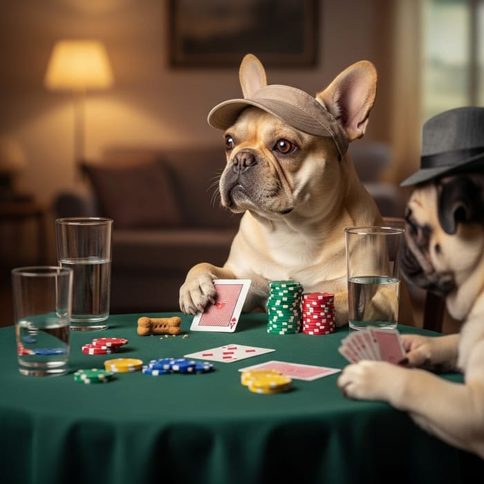 Yellow French Bulldog Playing Poker Cheating Tricks