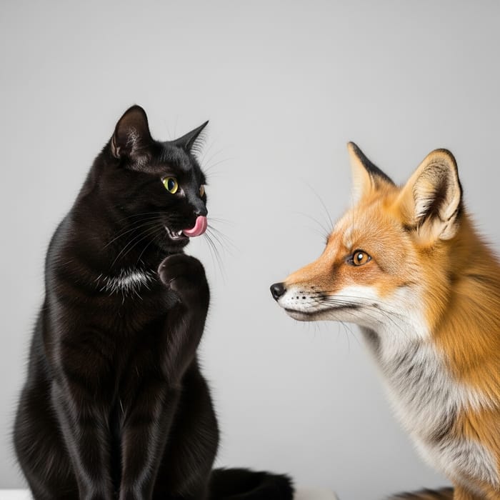 Playful Black Cat Sticks Tongue Out at Curious Red Fox Playful Black Cat Sticks Tongue Out at Curious Red Fox