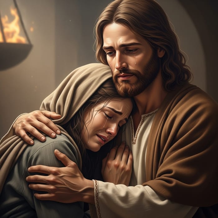 Jesus Embracing a Crying Woman - Comforting Moment