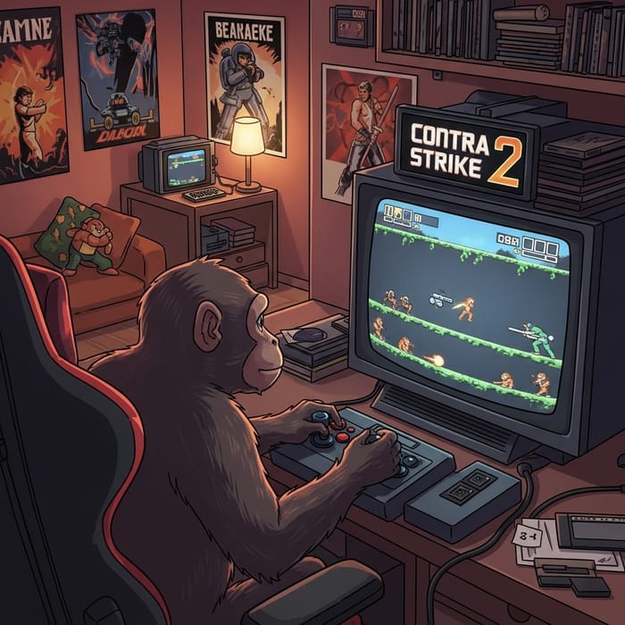 Monkey Playing Retro 2D Shooting Game Scene