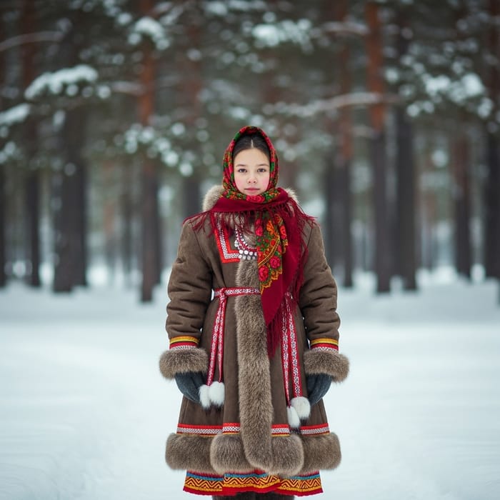 Brave Siberian Girl in Traditional Attire | Snowy Landscape Brave Siberian Girl in Traditional Attire | Snowy Landscape