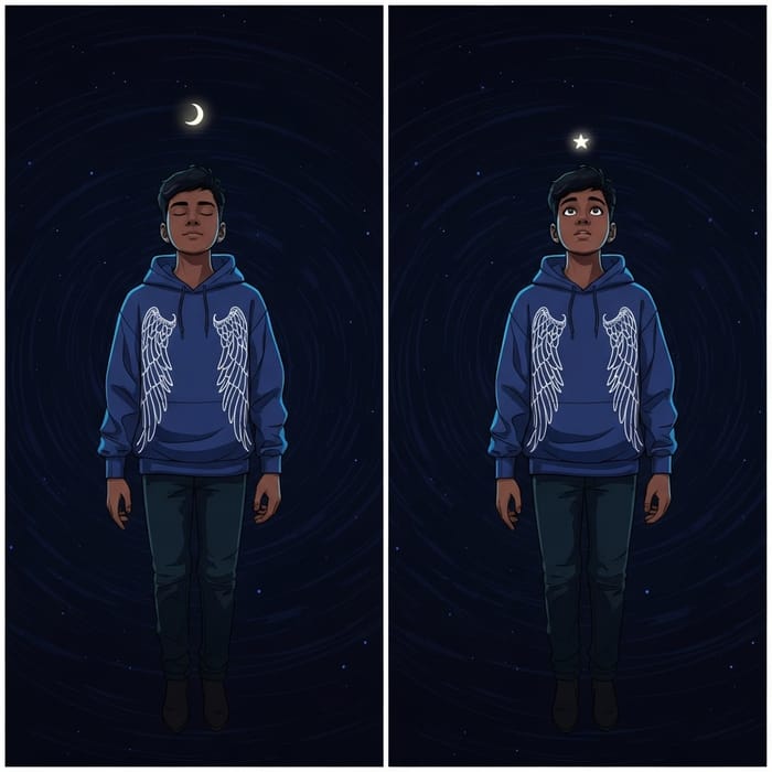 2D Illustrations Featuring South Asian Teen Boy with Unique Winged Outfits in Night Scenery