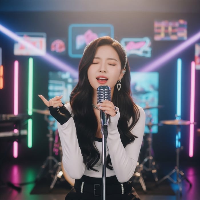 Karina | Talented Pop Singer in Neon-lit Music Studio