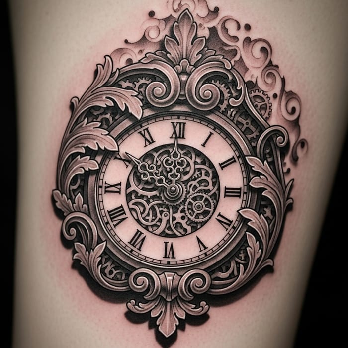 Exquisite Timepiece Tattoo with Roman Numerals and Filigree Details