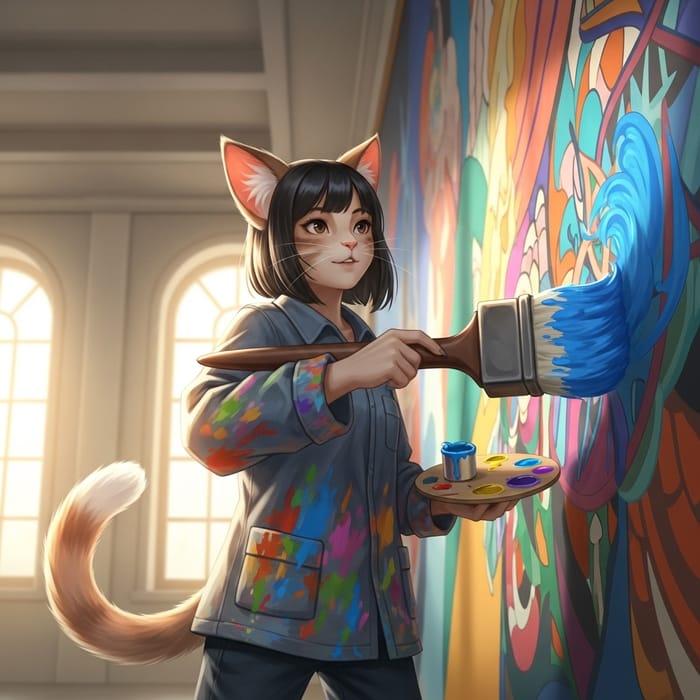 Cat Girl Painting Walls in Vibrant Blue