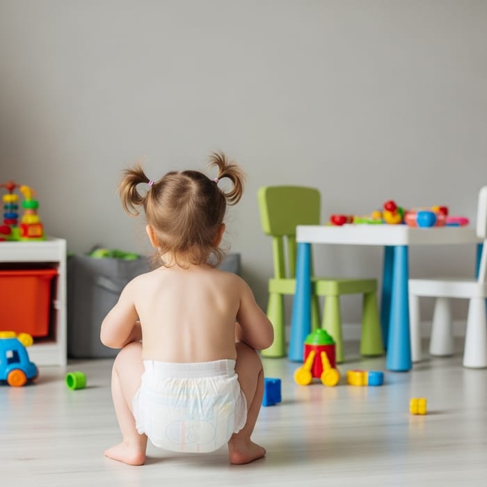 Toddler Girl in Diaper Squatting in Well-Lit Room