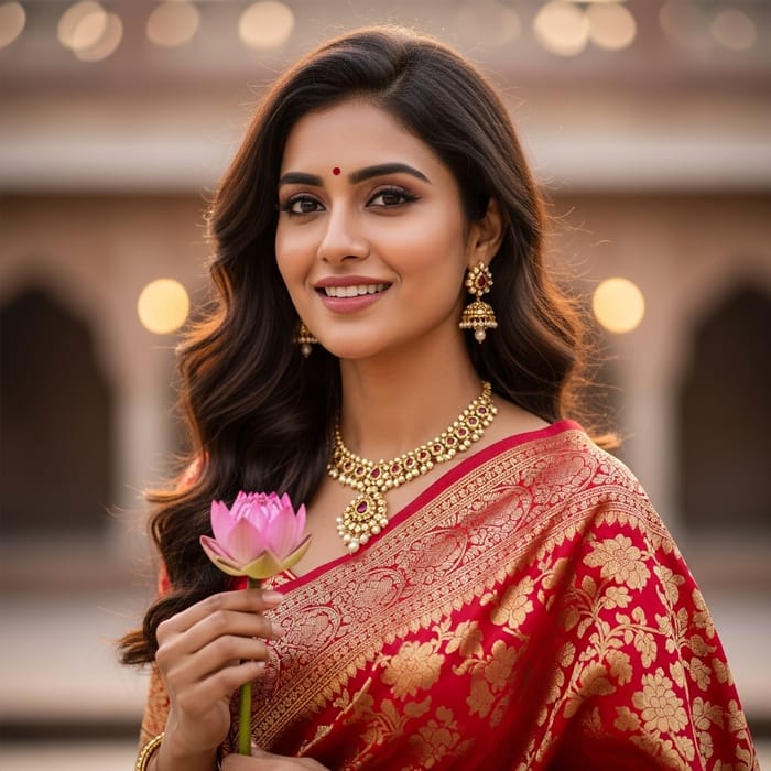 Portrait of a Beautiful South Asian Woman in Red Sari | Radiant Smile Portrait of a Beautiful South Asian Woman in Red Sari | Radiant Smile