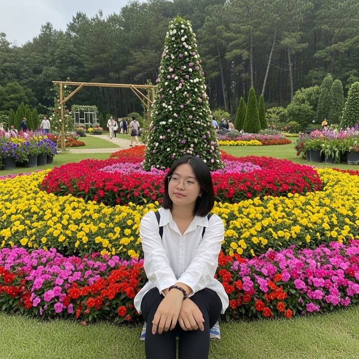 Asian Teenage Girl Sitting in Vibrant Flower Garden | Stylish Casual Look Asian Teenage Girl Sitting in Vibrant Flower Garden | Stylish Casual Look