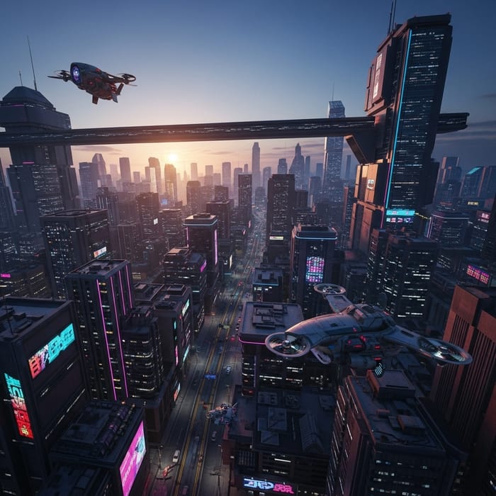 Neon Cyberpunk Cityscape: Flying Cars and Futuristic Streets Neon Cyberpunk Cityscape: Flying Cars and Futuristic Streets