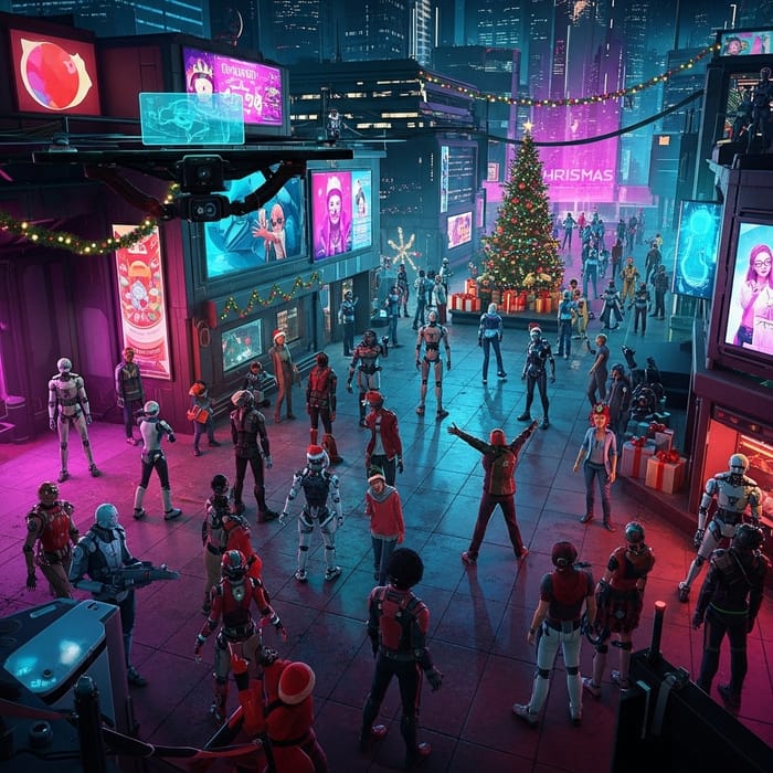 Sci-Fi Christmas Celebration with Robots and People in Vibrant Cityscape