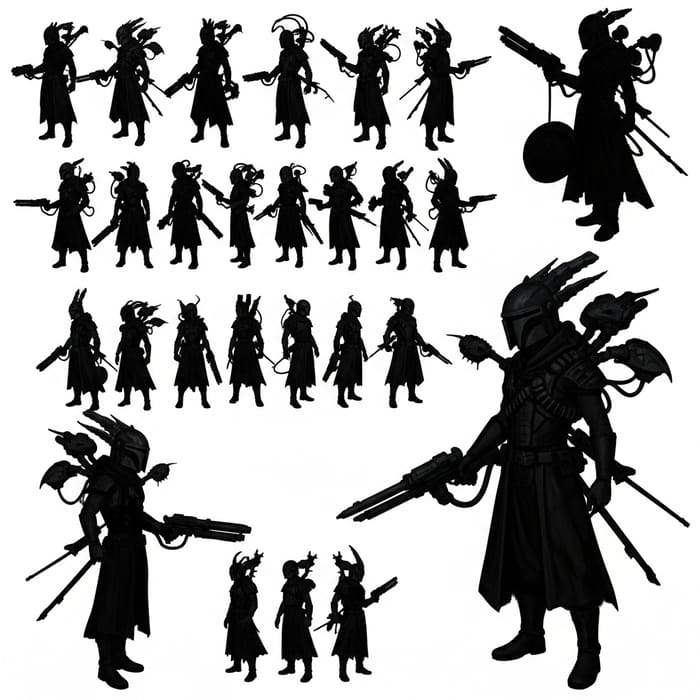 Sci-Fi Bounty Hunter Character Silhouettes with Diverse Weapons