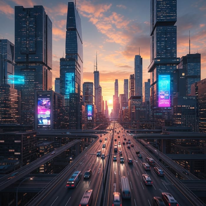 Vibrant Neon Cyberpunk Cityscape at Dusk Vibrant Neon Cyberpunk Cityscape at Dusk
