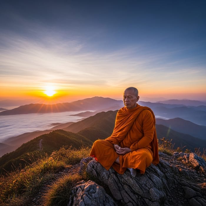Serene Monk Meditating on Mountaintop at Sunrise Serene Monk Meditating on Mountaintop at Sunrise