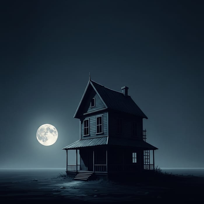 Mysterious House in Dark Colors on Moonlit Evening