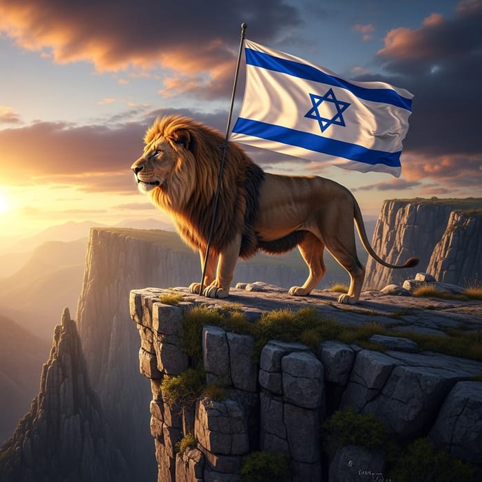 Majestic Lion on Cliff with Israel Flag