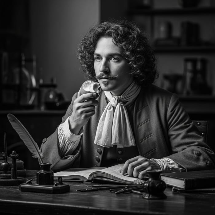 Isaac Newton in Black and White Portrait Eating Apple