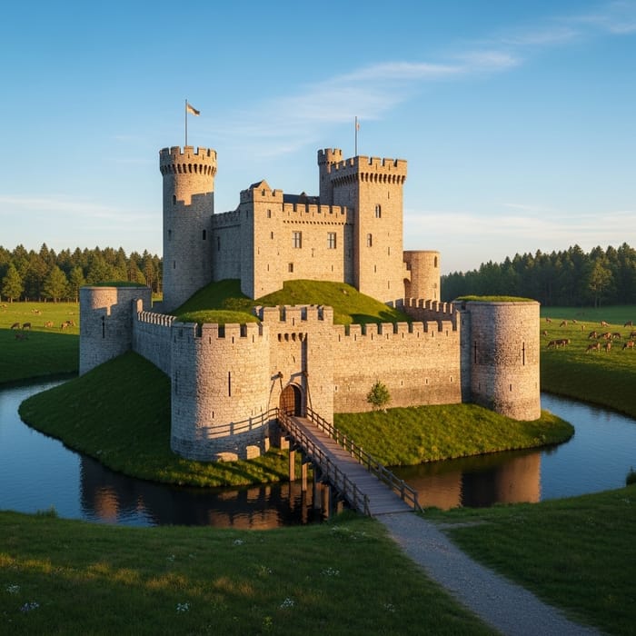 Medieval Castle at Sunset on Grassy Hill