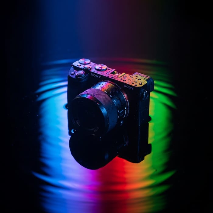 Sony A6300 Camera Floating on Water with Colorful Lights Sony A6300 Camera Floating on Water with Colorful Lights