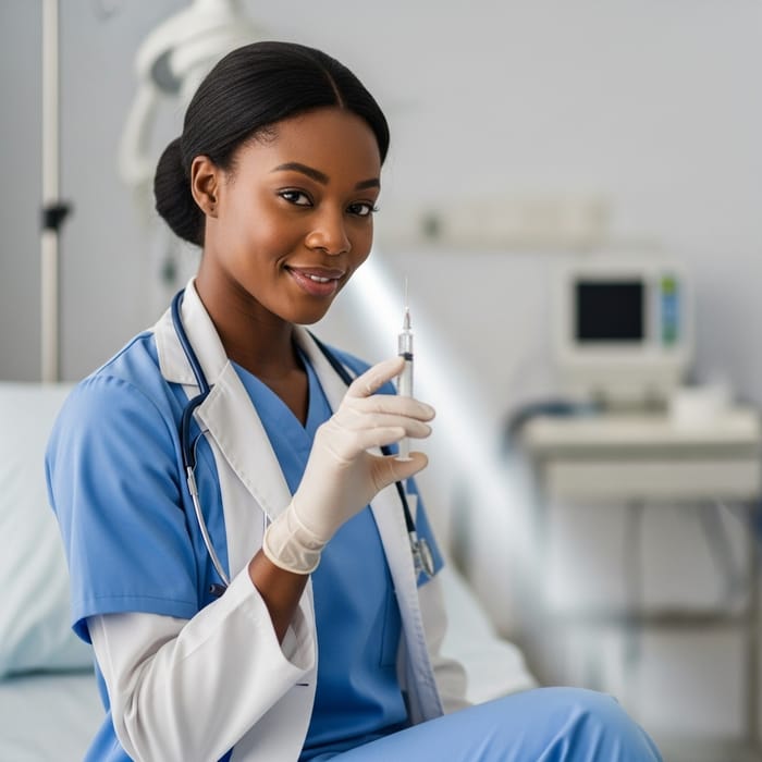 Empathetic African Nurse with Sterilized Syringe