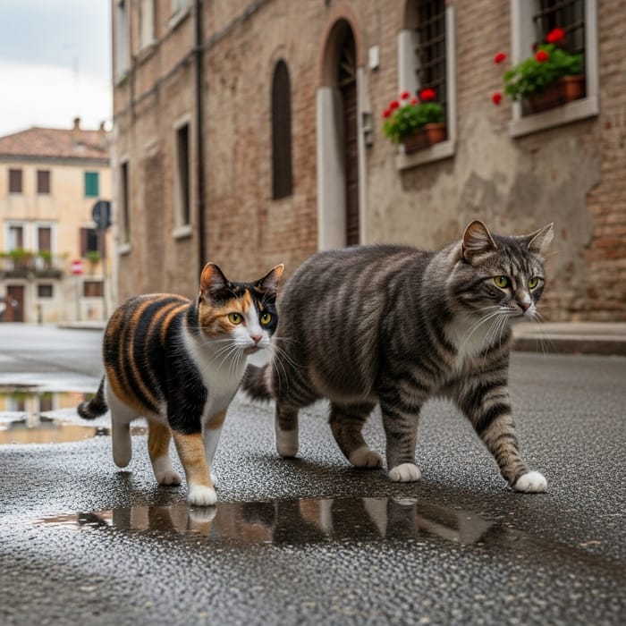 Smooth-Furred Tricolor Cat Walking with Striped Gray Cat Smooth-Furred Tricolor Cat Walking with Striped Gray Cat