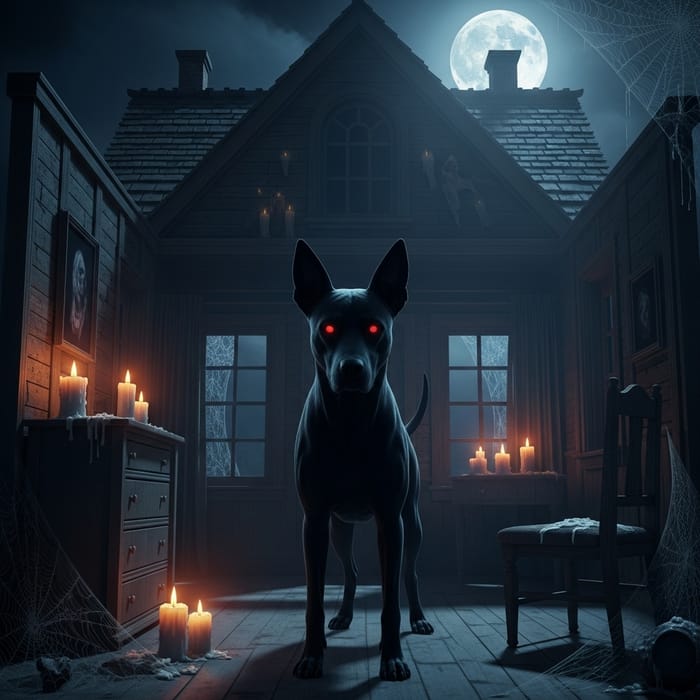 Spooky Black Dog with Red Eyes in Haunted House Spooky Black Dog with Red Eyes in Haunted House