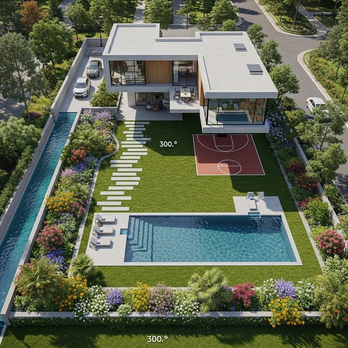 Modern 300 sqm Levitated House Plan with Garden, Pool, Basketball Court and Water Elements