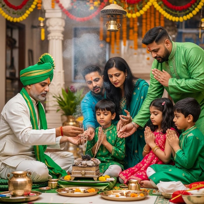 Traditional Indian Pandit Performing Hawan Ritual in Temple with Devotee Family and Floral Decor Traditional Indian Pandit Performing Hawan Ritual in Temple with Devotee Family and Floral Decor