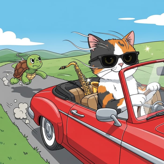 Funky Feline Serenades in Red Convertible