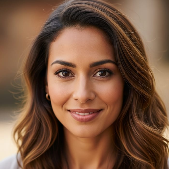 Radiant Woman with Tan Skin, Brown Eyes & Chestnut Hair