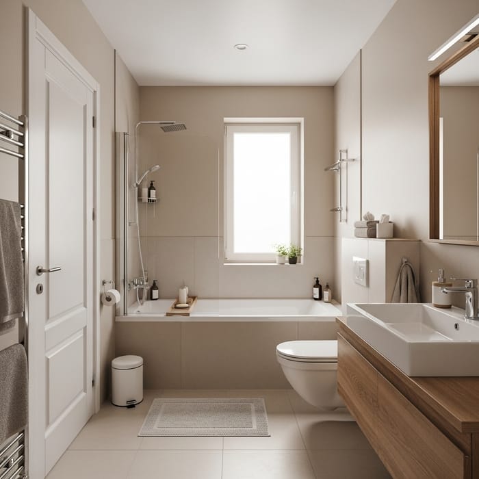 Serene and Inviting Bathroom Design: Bath, Toilet, Sink in Natural Tones