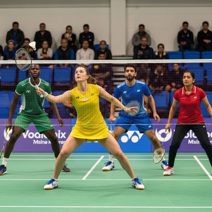 Exciting Mixed Doubles Badminton Game - Action Shot