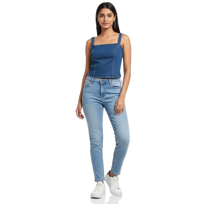 Stylish Casual: Girl in Blue Jeans and Sneakers Stylish Casual: Girl in Blue Jeans and Sneakers