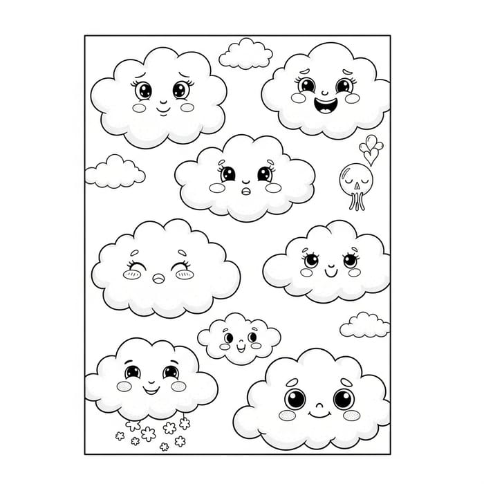 Whimsical Clouds Coloring Page | Emotive Life & Death Theme for Kids