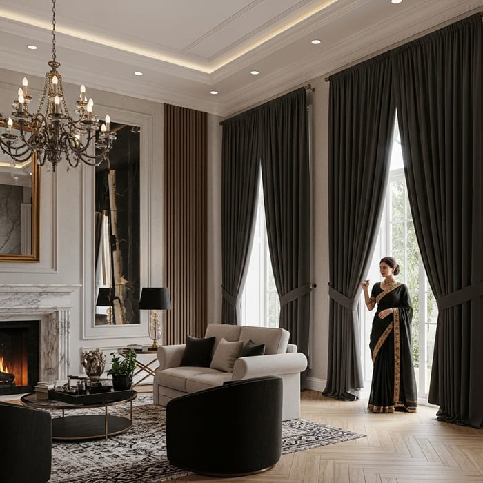 Elegant Modern Interior with Black Curtains - Stylish Furniture