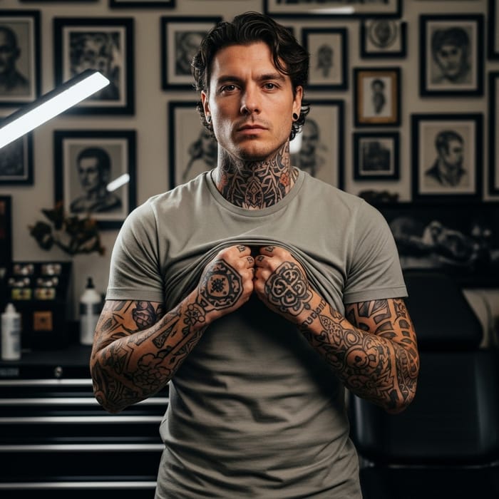 Caucasian Man with Athletic Build and Intricate Tattoos Caucasian Man with Athletic Build and Intricate Tattoos
