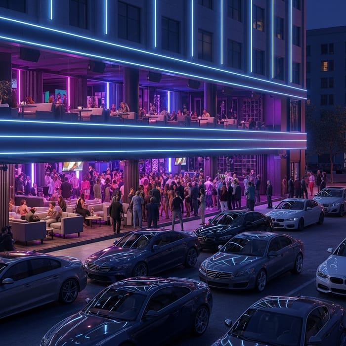 Luxury Night Club in Urban Setting | VIP Experience with Cars Outside